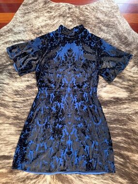 Anthropologie Blue and Black Velvet Burnout Mini Dress